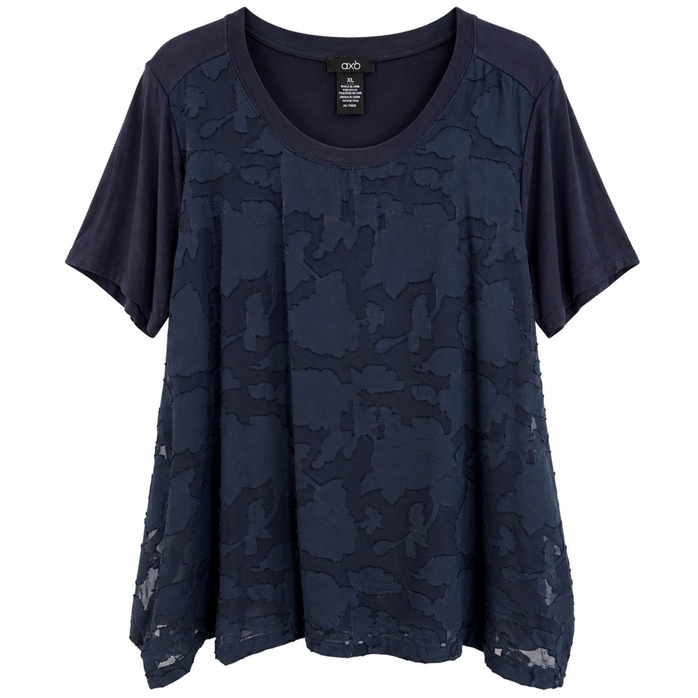 RBX Women XL Navy Floral Burnout Asymmetrical Hem Boho Tunic Top Blouse